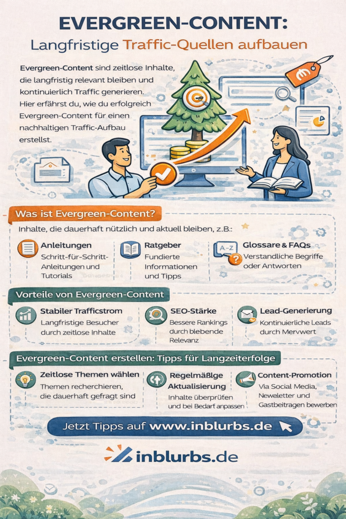 infographik evergreen content strategien, langfristiger organischer traffic, pillar cluster themen, zeitlose themen finden, content-architektur pillar-cluster, evergreen Inhalte pflegen, seo langlebige inhalte, interne verlinkung stärken, aktualisierungsplan evergreen, reseach evergreen keywords