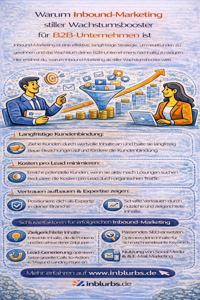 infographik inbound marketing method, inbound marketing strategie, b2b inbound marketing, inbound marketing wirkung, stille wachstumsbooster inbound, content marketing inbound, b2b lead generation, seo inbound marketing, buyer personas inbound, pillar content cluster, marketing automation inbound