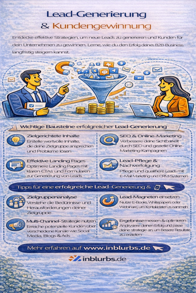 infographik lead generierung strategie, kundengewinnung im b2b, lead nurturing funnel, qualifizierte leads generieren, konversionsraten erhöhen online, verkaufsleitung lead generation, vertriebsmarketing alignment, marketing automation tools, zielgruppen ideale kunden, kommunikation sales pipeline