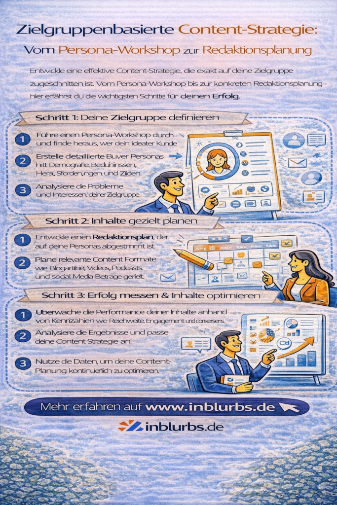 infographic zielgruppenbasierte content-strategie, persona workshop durchführung, redaktionsplanung content strategie, buyer journey content, themencluster content strategie, kanäle passende formate, persona basierte themenplanung, redaktionskalender erstellen, content governance strategie, marketing vertrieb unterstützen