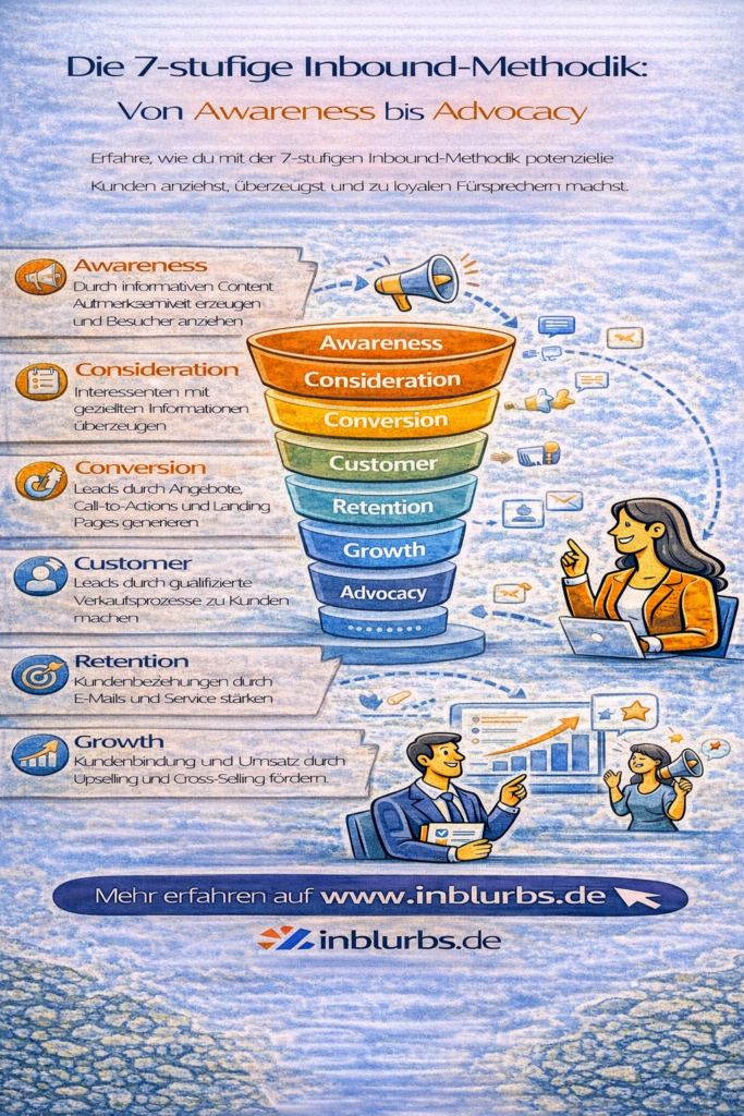infographik inbound-strategie stufen, awareness interesse abwägung, inbound marketing funnel, advocacy programm aufbauen, lead nurturing sequenzen, buyer journey inbound, vertrieb marketing alignment, content strategie inbound, kundenbindung advocacy, persona getriebene inhaltserstellung