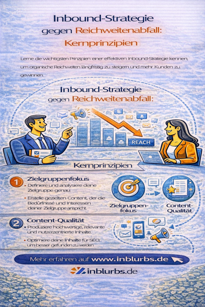 infographik inbound strategie principes, reichweitenabfall bekämpfen inbounds, content cluster strategie, buyer persona erstellen, datengetriebene content optimierung, funnel strategie optimisation, nachhaltige organische Reichweite, vertrauen autorität transparenz, kanalvielfalt content formato, user experience optimierung