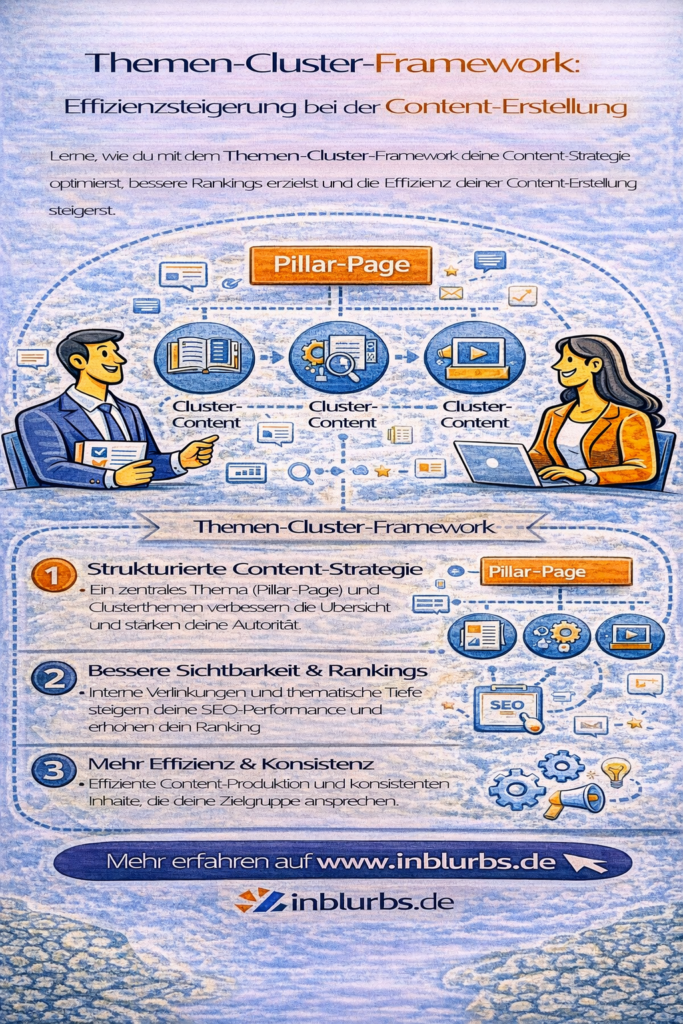infographik themencluster framework effizient, pillar content strategie, content clusters planen, interne verlinkung seo, redaktionskalender effektivität, repurposing content tokens, keyword fragen research, zielpersona erstellen, seo meta optimierung, editorial guidelines template