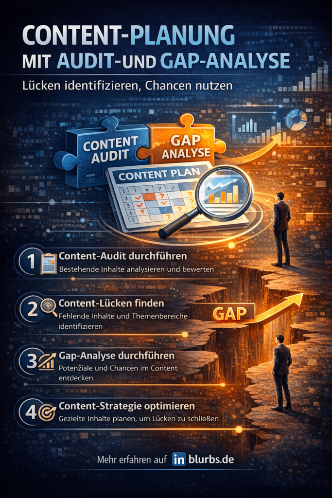 infographik Content Plan Audit, Gap Analyse Inhalte, Audit Content Strategie, Content Lücken identifizieren, Chancen Content-Planung, SEO Audit Planung, Content Mapping Strategie, Content Gap Chancen, Audience Gap Analyse, Themenlücken Analyse