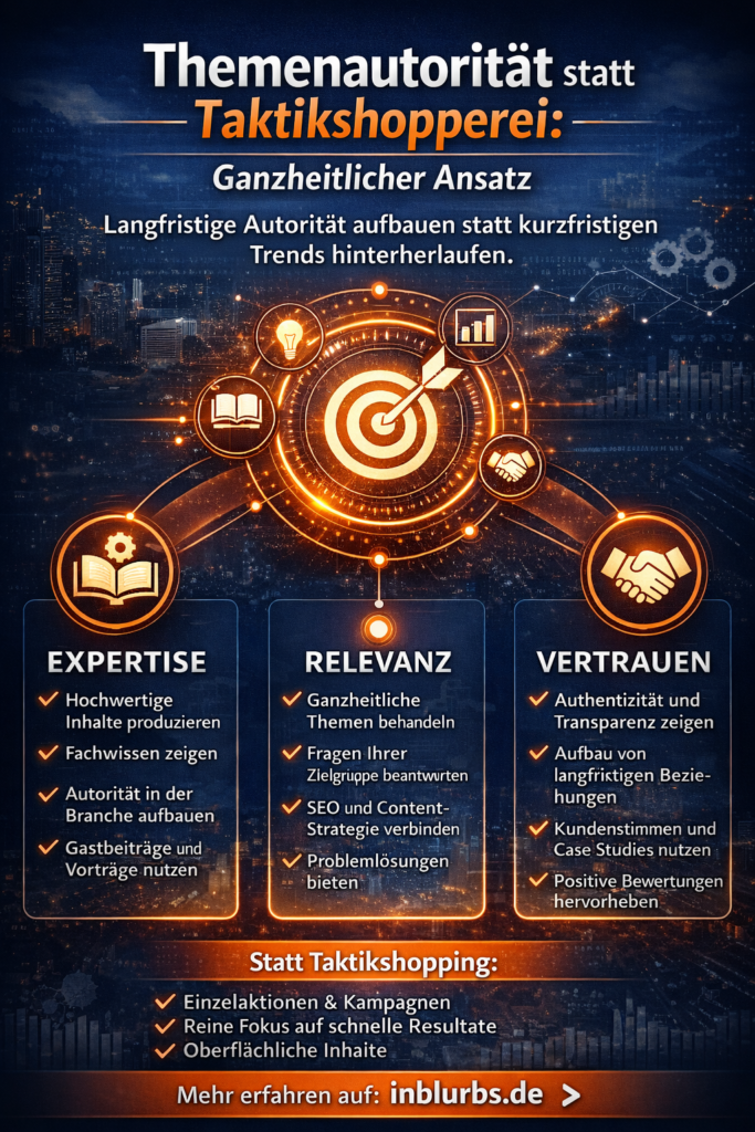 infografik Themenautorität ganzheitlich aufbauen, Ganzheitlicher Marketing-Ansatz, Content-Strategie Themenführung, Autorität durch Inhalte, Langfristige Markenautorität entwickeln, Ganzheitliche Content-Architektur, Trust-basierte Customer Journey, SEO Content Governance, Qualität vor Quantität Themen, Mehrwert-orientierte Inhalte