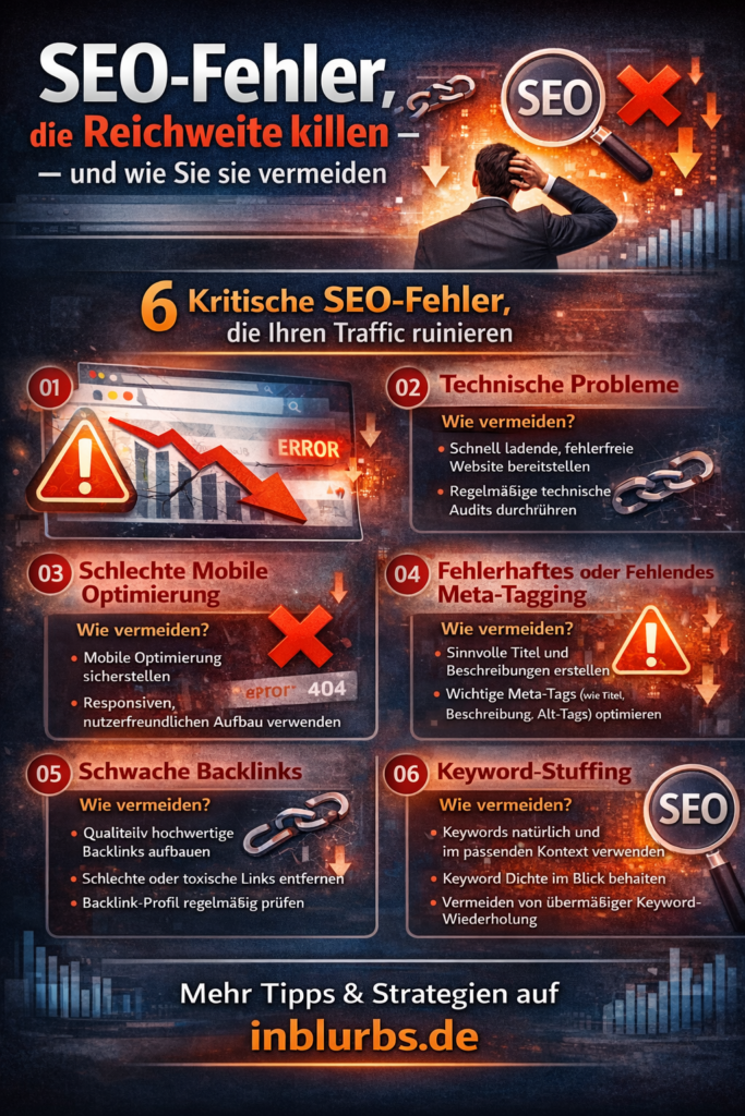 infografik SEO Fehler Reichweite vermeiden, Reichweite SEO Fehler vermeiden, Vermeiden SEO Fehler Reichweite, Suchmaschinenoptimierung Fehler vermeiden, SEO Fehler Checkliste, Reichweite SEO Optimierung,Technische SEO Fehler vermeiden, Content SEO Fehler vermeiden, Onpage SEO Fehler vermeiden, EAT SEO Fehler vermeiden