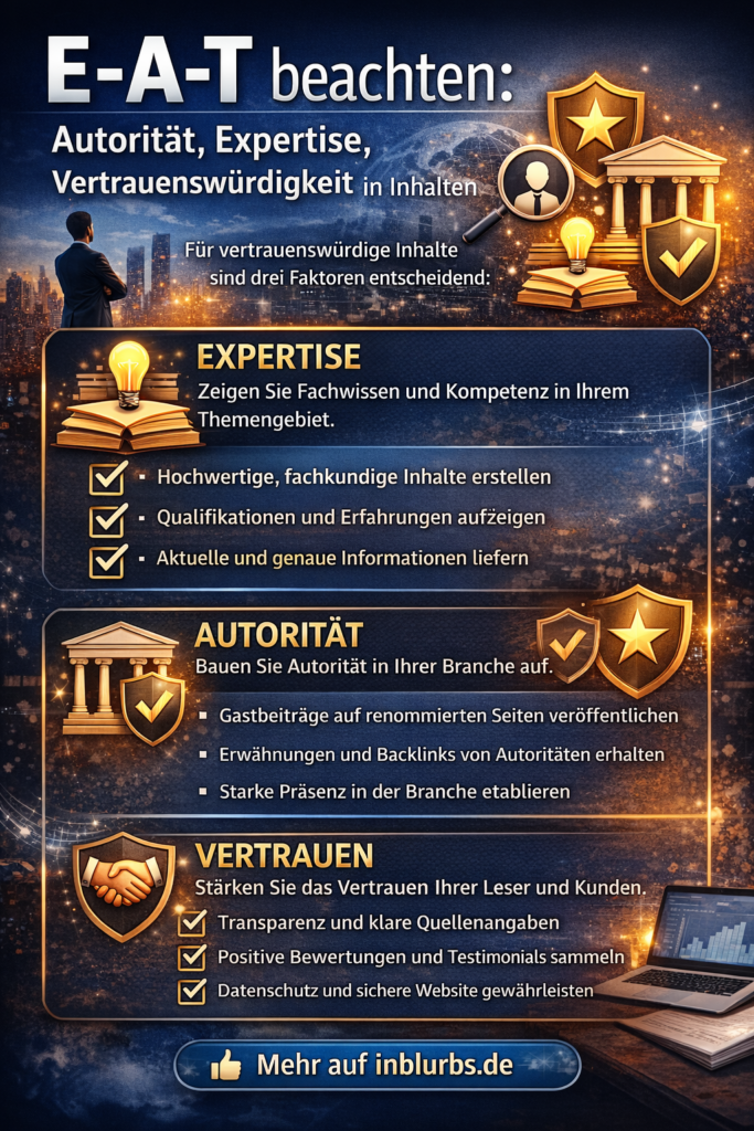 infografik E-A-T Inhalte verbessern, Autorität Inhalte erhöhen, Vertrauenswürdigkeit Webseiten stärken, Expertise Inhalte demonstrieren, E-A-T Checkliste nutzen, Content Vertrauenssignale stärken, Autorenseiten Biografien erstellen, Quellenangaben belegte Inhalte, Fallstudien Expertenbezug nutzen, Transparenz Impressum Datenschutz