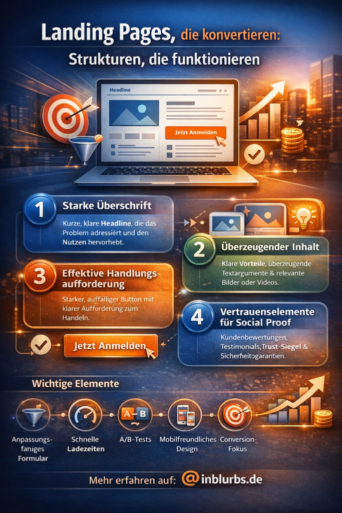 infografik Landing Page Conversion optimieren, Konversionsfokussierte Landing Pages, Effektive Landing Page Struktur, Lead-Gen Landing Page Tipps, Landing Page A/B-Testing Strategien, Vertrauen Gewinn Landing Page, CTA-Optimierung Landing Page, Copywriting Landing Page Erfolgsformel, Design UX Landing Page, Landing Page Performance Kennzahlen