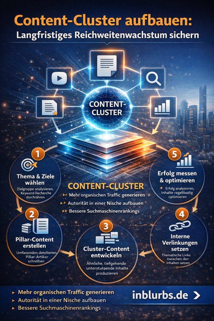 infographik Content-Cluster Reichweitenwachstum, Langfristiges Sichtbarkeit-Aufbau, Pillar Cluster Strategie, Interne Verlinkung Inhalte, Suchmaschinenautorität Content-Cluster, Cluster-Content Planung, Reichweite organischer Traffic, Inhalte Themenvernetzung, Keyword-Cluster Aufbau,Content-Strategie Reichweite