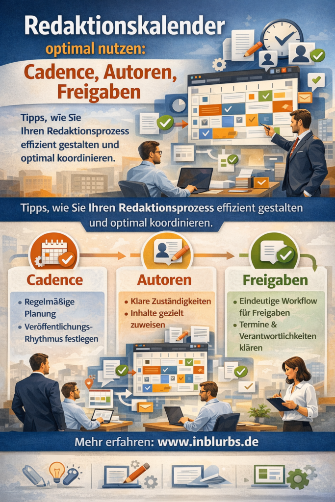 infographik Redaktionskalender Cadence Optimierung, Autoren Freigaben Prozess, Content-Workflow Freigaben Zeiten, Cadence Veröffentlichungsfrequenz Management, Redaktionskalender Tools Implementierung, Freigabe-Workflow Effizienzsteigerung, Content-Planung Themenkalender пресс, Redaktionsteam Zusammenarbeit Koordination, Compliance Freigaben Datenschutz, Planungstimeline Inhaltsfreigaben Prozess