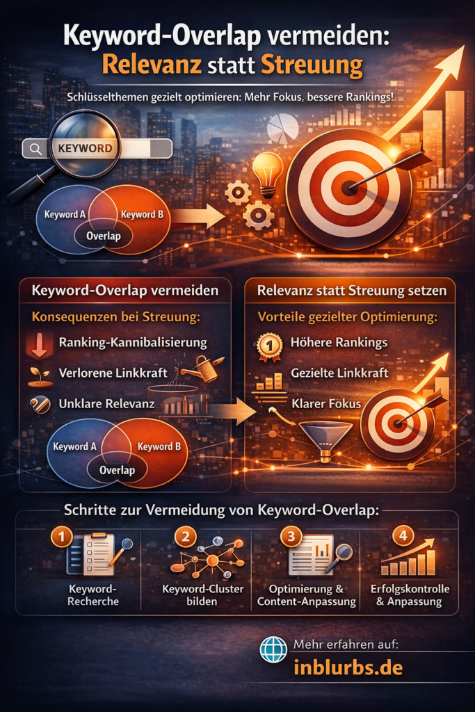 infographik Relevanz statt Streuung, Keyword Overlap vermeiden, Themenfelder klare Abgrenzung, Pillar Content Struktur, Cluster Inhalte Verlinkung, Intent-basierte Keyword-Strategie, Interne Verlinkung Relevanz, Thematische Taxonomie Implementierung, Overlap Audit Regelmäßigkeit, Relevante Inhalte Fokus