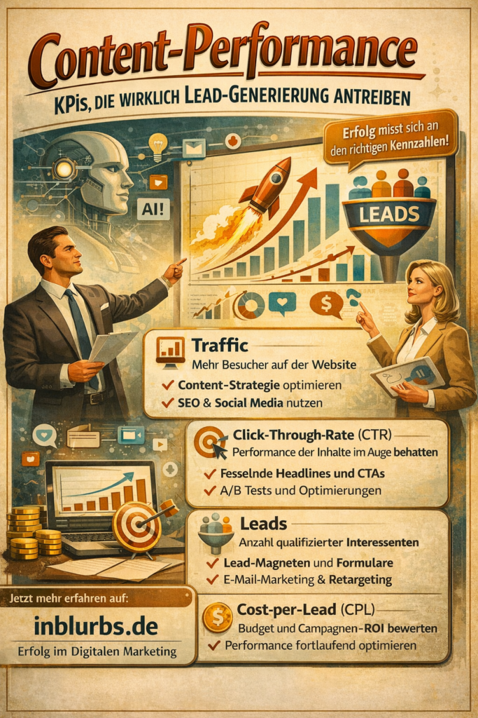 infografik Content-Performance Lead-Kennzahlen, KPI-basierte Lead-Generierung, Lead-generierende KPIs Inhalte, Conversion-orientierte Content-Metriken, Engagement-zu-Conversions KPI, Content-KPI Messung Leadqualität, Traffic zu Leads KPI, Qualifizierte Leads KPI, ROI Content-Performance KPIs, Attribution Lead-Generierung KPIs, inblurbs inbound marketing