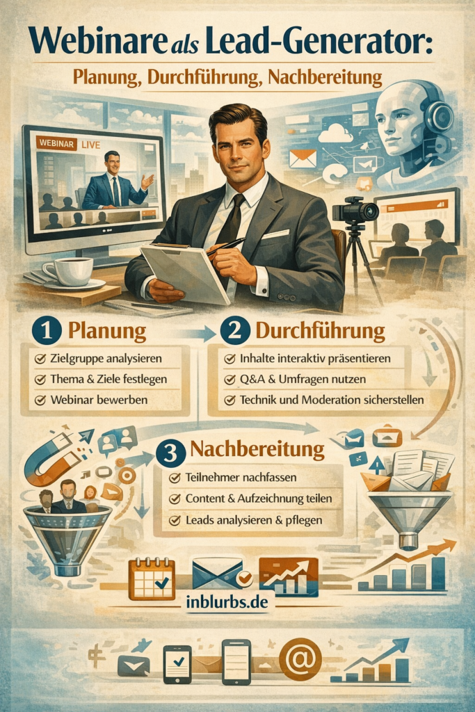 infografik Webinar Lead-Generierung Strategien, Webinar Planung Umsetzung, Webinar Durchführung Optimierung, Webinar Nachbereitung Follow-up, Webinar Conversion Optimierung, Webinar Lead-Akquise Tipps, Webinar Lead-Qualifikation Prozesse, Webinar Traffic Generierungstrategien, Webinar Content-Planung Effektivität, Webinar Erfolgsmessung Kennzahlen, inblurbs inbound marketing