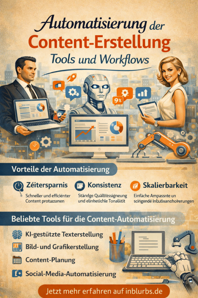infografik Automatisierung Content Erstellung, Tools Content Automatisierung, Workflow Content Produktion, KI Content Generierung, Automatisierte Inhaltsplanung, Content-Erstellung Prozessautomatisierung, Typische Workflow Phasen, Content-Produktionspipeline Automatisierung, Tools Workflow Integration, Redaktionelle Automatisierung Strategien, inblurbs inbound marketing