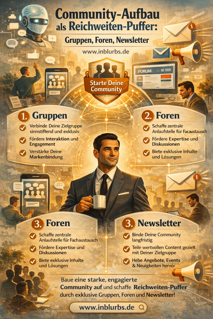 infografik Community Reichweite Puffern, Gruppen Newsletter Aufbau, Foren Community wachsen, Newsletter Reichweite erhöhen, Community-Strategie Gruppenbildung, Gruppenmanagement Newsletterstrategie, Community Wachstum Tools, Foren Engagement Optimierung, Newsletter Abonnenten Gewinnung, Community Kollaboration Netzwerke, inblurbs inbound marketing