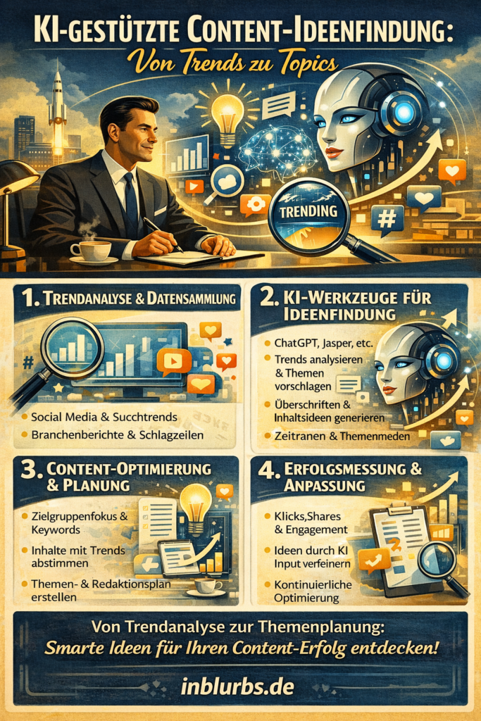 infografik KI Content Ideenfindung, Trends zu Topics, KI Trendanalyse Inhalte, Automatisierte Topic Generierung, Content-Ideen Generierung KI, Trendbasierte Inhaltsideen KI, Themenvorschläge KI-gestützt, Content Planning KI-Tools, Trend-Erkennung Content-Ideen, KI Content Strategien, inblurbs inbound marketing