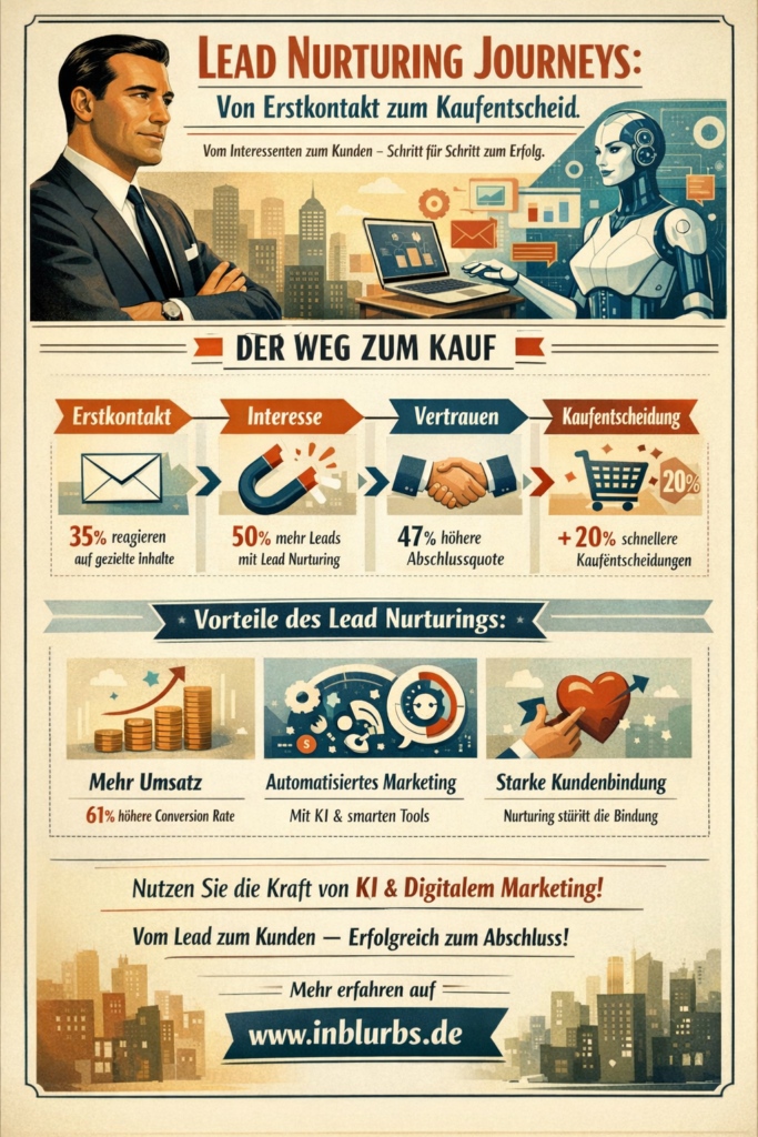 infografik Lead Nurturing Journey, Erstkontakt Kaufentscheidungen, Leadpflege Conversion Funnel, Buyer Journey Optimierung, Leads zu Kundenmapping, Nurturing Sequence Strategie, E-Mail Leadpflege Automatisierung, Segmentierte Lead-Kommunikation, Kaufentscheidung Conversion Pfad, Content Personalisierung Leads, inblurbs inbound marketing