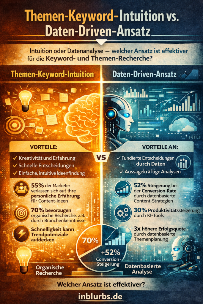 infografik Keyword Intuition Daten, Themenstrategie Datenbasiert, Datengetriebene Keyword-Analyse, Intuition vs Datenanalyse, Datenbasierte Themenfindung, Keyword-Entscheidungen Daten, Intuitionelle Content-Strategie, Datengetriebene Inhaltsplanung, Themenpriorisierung Datenlogik, Insights vs Bauchgefühl