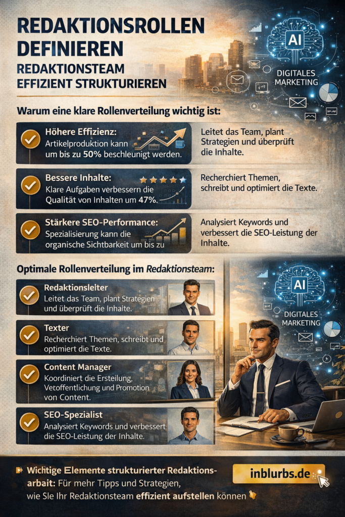 infografik Redaktionsrollen definieren, Redaktionsteam effizient strukturieren, Content-Team Rollenverteilung, Redaktionelle Rollen Aufgaben, Teamstruktur Content-Management, Workflow Redaktionsprozesse optimieren, Redaktionsteam Rollenbeschreibung, Content Produktion Organisation, Publishing-Workflow Rollenverteilung, Aufgabenverteilung Redaktionsteam, inblurbs inbound marketing