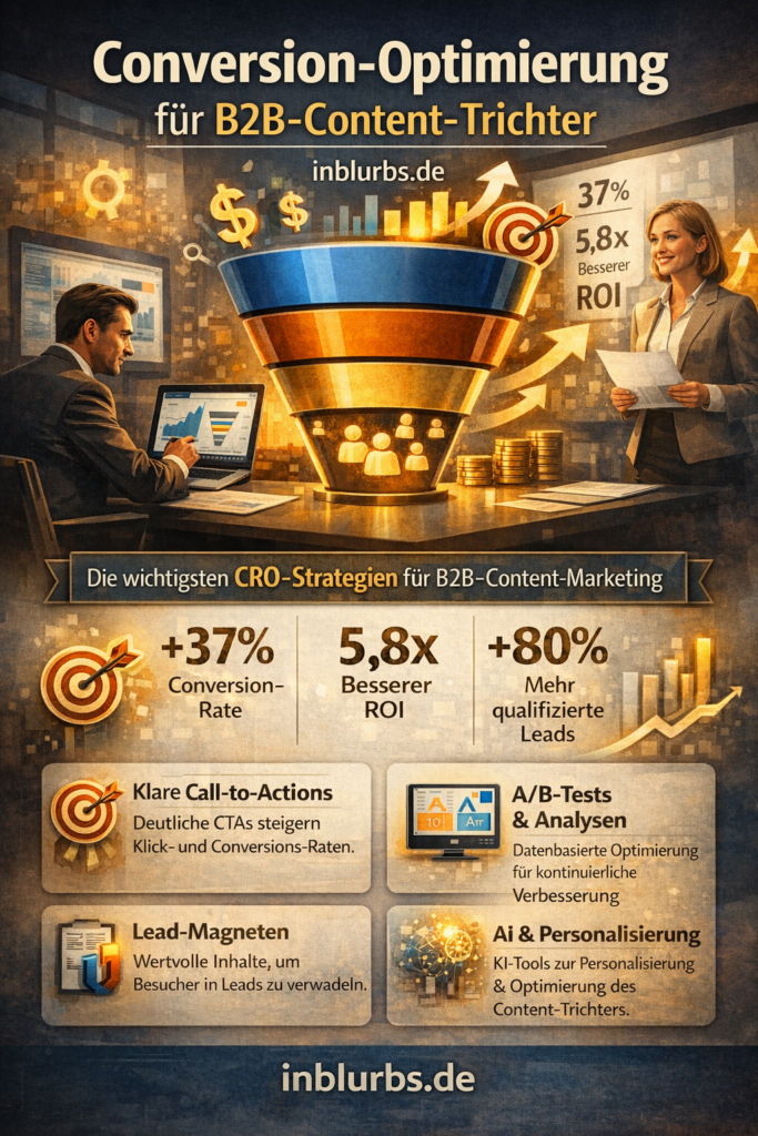 infografik Conversion-Optimierung B2B, Content-Trichter B2B, B2B CRO Strategien, Zielgruppenspezifische Inhalte B2B, Lead-Generierung Content-Marketing, Vertriebsziel-Orchestrierung B2B, Buyer-Journey Inhalte B2B, Landing-Page Optimierung B2B, Funnel-Optimierung B2B, Content-Strategie Entscheidungsprozess, inblurbs inbound marketing