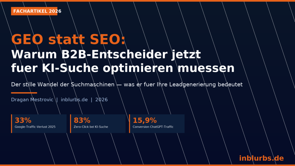 GEO statt SEO, KI Suche optimieren, B2B Leads gewinnen, Generative Engine Optimization, Zero Click Suche, AI Traffic konvertiert, B2B Suchmaschinenoptimierung KI, Digitale Leadgenerierung Strategie, AI Suchmaschinenoptimierung B2B, KI optimieren B2B