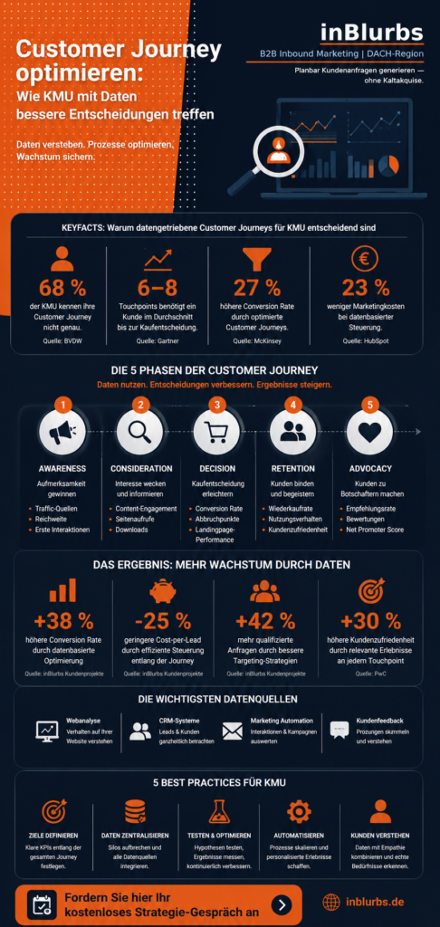 infografik Customer Journey optimieren, Customer Journey Analyse durchführen, Customer Journey Mapping erstellen, Customer Journey Tracking verbessern, Conversion Rate optimieren, Customer Journey Management nutzen, Customer Journey verstehen verbessern, Customer Journey Strategie entwickeln, Customer Journey Daten analysieren, Customer Journey Touchpoints optimieren, inblurbs inbound marketing 