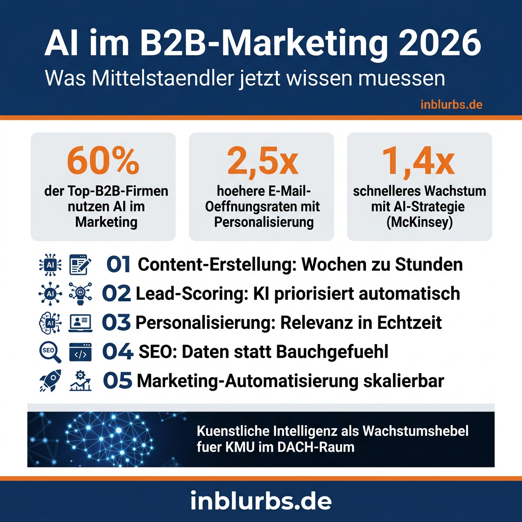 infografik AI Marketing B2B, Künstliche Intelligenz Marketing, Marketing Automatisierung Mittelstand, AI Leads generieren, B2B Marketing Trends, Digitales Marketing 2026, AI Marketing Tools, Marketing Agentur AI, Inbound Marketing Automatisierung, AI Strategie Unternehmen, inblurbs inbound marketing