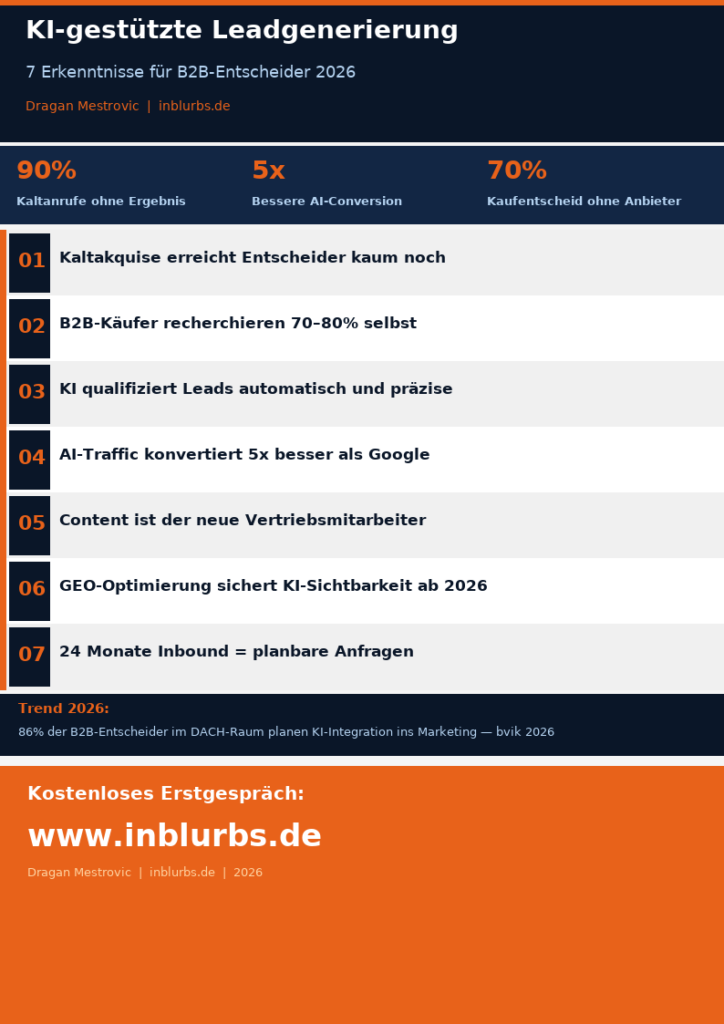 infografik KI Leadgenerierung B2B, Leads gewinnen KI, B2B Anfragen automatisieren, KI Inbound Marketing, Leadgenerierung ohne Kaltakquise, KI Content Marketing B2B, B2B Leads automatisch, KI gestuetzte Kundengewinnung, Inbound Leads skalieren, B2B Marketing automatisieren, inblurbs