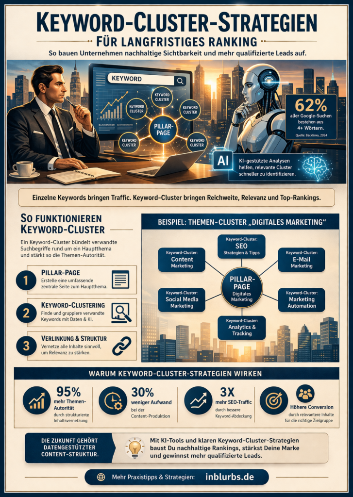 infografik langfristiges Ranking Strategie, keyword cluster building, clusters für SEO, themenbasierte SEO clusters, strukturierte content clusters, themenrelevante keyword clusters, suchmaschinenoptimierung themencluster, content cluster entwicklen, topic modeling SEO, langfristige SEO Erfolge, inblurbs inbound marketing