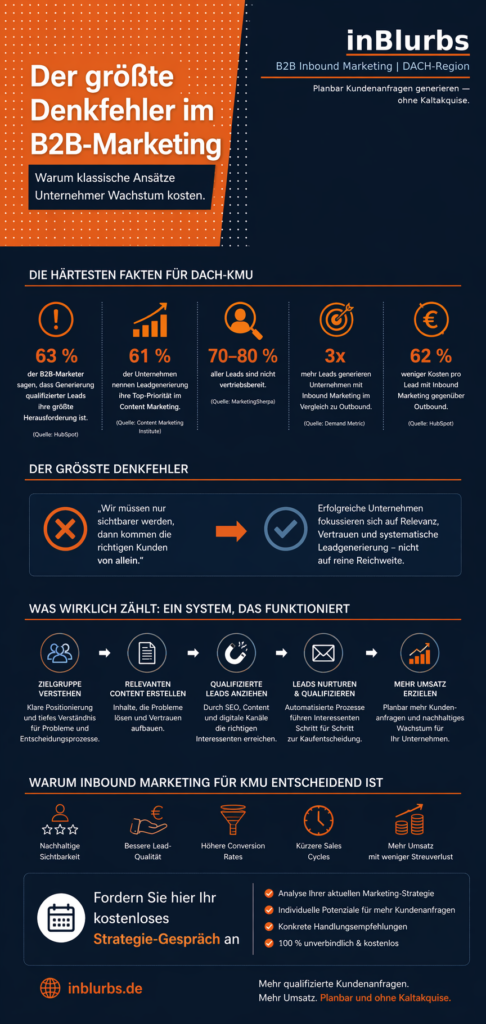 infografik B2B Marketing Strategie, qualifizierte Leads generieren, Inbound Marketing Strategie, digitale Lead Generierung, Content Marketing B2B, B2B Kunden gewinnen, Marketing Automation B2B, Conversion Rate optimieren, Zielgruppe richtig ansprechen, Online Sichtbarkeit erhöhen, inblurbs inbound marketing