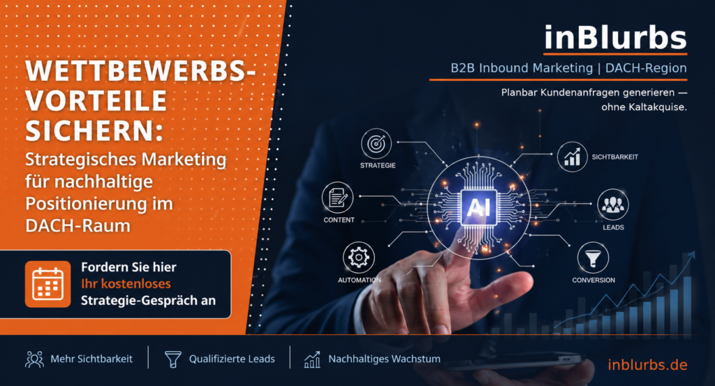 strategisches Marketing Ansatz, nachhaltige Positionierung DACH Raum, Inbound Marketing Strategie B2B, Content Marketing Plan KMU, digitale Sichtbarkeit erhöhen Strategie, Leadgenerierung für KMU B2B, Customer Journey optimieren B2B, Conversion Rate Optimierung Tipps, Marketing Automation Tools Vergleich, skalierbares Wachstum, inblurbs inbound marketing 