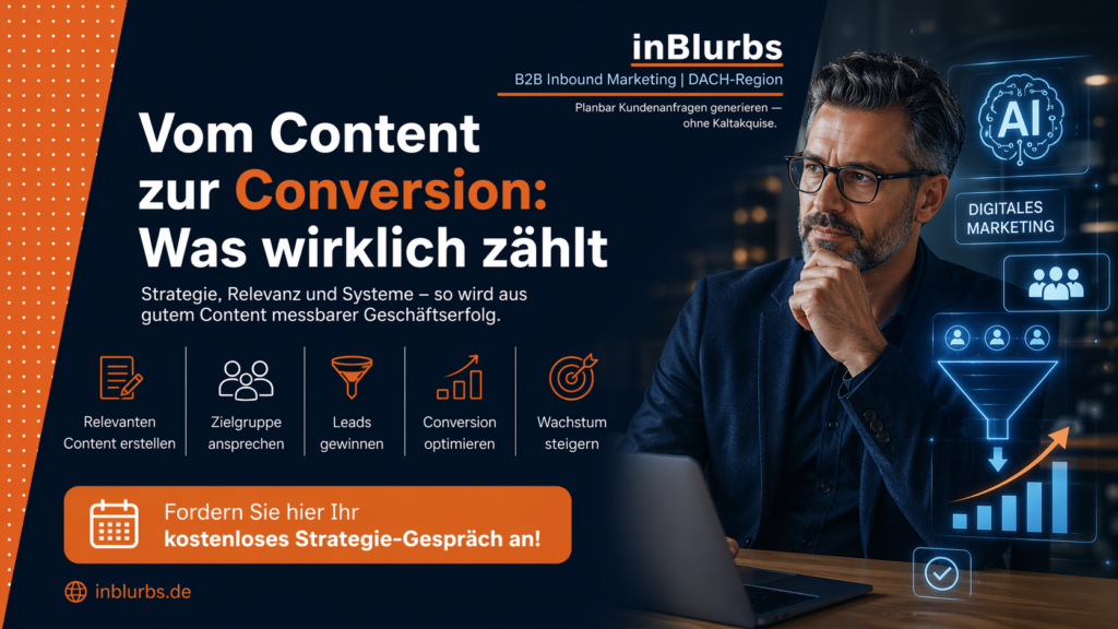 Inbound Marketing Strategie, B2B Lead Strategie, Conversion Rate steigern, Content Marketing B2B, Lead Generierung optimieren, Customer Journey Optimierung, Vertrauen aufbauen B2B, Marketing Automation nutzen, Zielgruppe definieren B2B, Leads qualifizieren B2B, inblurbs inbound marketing 