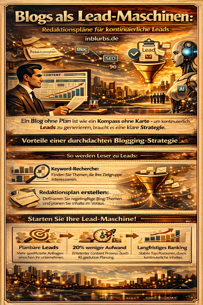 infografik Blog Lead-Generierun, Redaktionsplan kontinuierliche Lead, Content Marketing Strategie, SEO Blog Lead, Themenplanung Leadgenerierun, Redaktionelle Inhalte Lead, Leadmagnet Content Idee, Blog Traffic Leadgenerierun, Content Kalender Lead, Kundenzentrierter Content, inblurbs inbound marketing