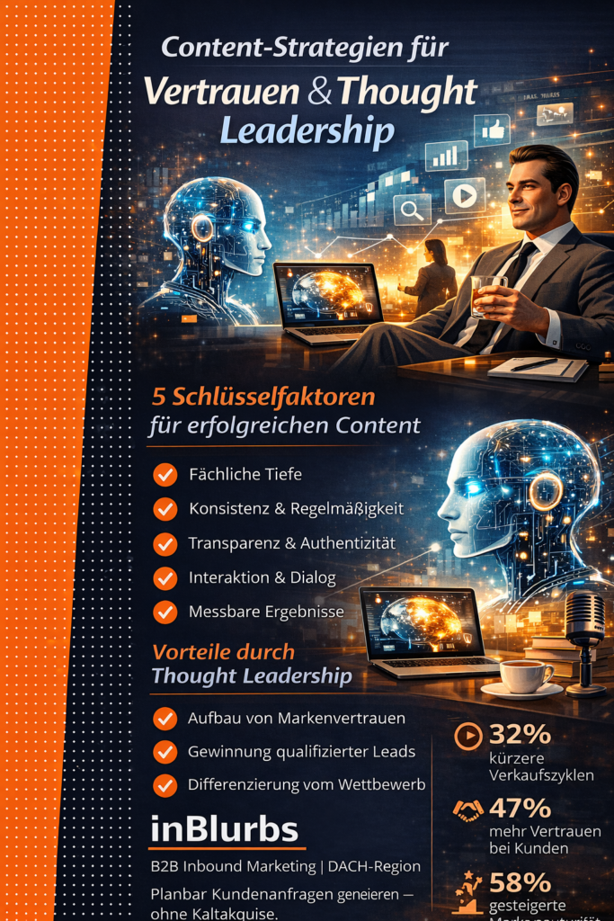 infografik Content Vertrauen aufbauen, Thought Leadership Strategie, Expertenstatus Content Marketing, Vertrauen durch Inhalte, Autorität online aufbauen, Content Marketing Glaubwürdigkeit, Markenvertrauen steigern Content, B2B Thought Leadership, Vertrauen Kunden gewinnen, Content Expertise zeigen