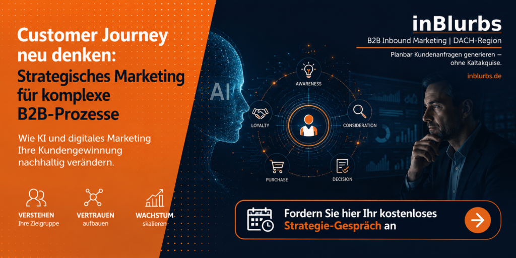 strategisches B2B Marketing, digitaler Vertriebs Prozess, datengetriebene Lead Generierung, Inbound Marketing Strategie, B2B Content Marketing, KI basierte Kundengewinnung, Customer Journey Management, automatisierter Sales Funnel, nachhaltiger Neukunden Gewinnung, digitale B2B Sichtbarkeit, inblurbs inbound marketing