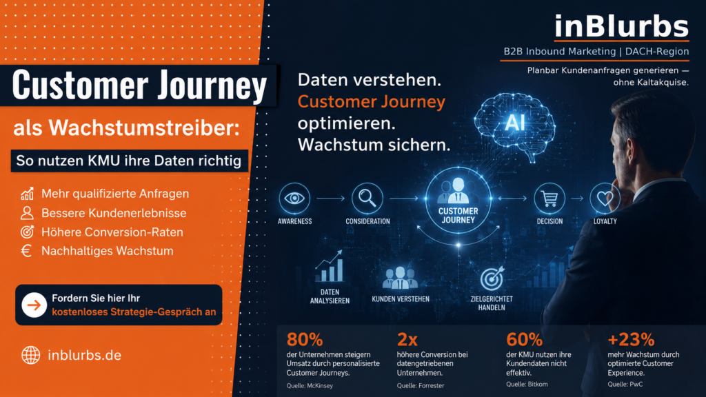 Du bist ein Inbound Marketing Experte, mit einer Berufserfahrung von mehr als zwanzig Jahren in Vertrieb und Marketing, mit einem tiefen Verständnis für die Herausforderungen meiner definierten Zielgruppen, DACH-KMU Unternehmer im Alter zwischen 30 – 65 Jahren. Bitte erstelle eine professionelle aussagekräftige Infographik im Hochformat, verwende als Idee dieses angehängte Bild. Verwende dazu auch relevante Keyfacts zum Thema. Die Zielgruppe sind Unternehmer und Entscheider im Alter von dreißig bis fünfundsechzig Jahre, für einen Fach-Artikel zum Thema "Customer Journey als Wachstumstreiber: So nutzen KMU ihre Daten richtig", füge unten einem CTA "Fordern Sie hier Ihr kostenloses Strategie-Gespräch an" mit Verlinkung zu inblurbs.de.