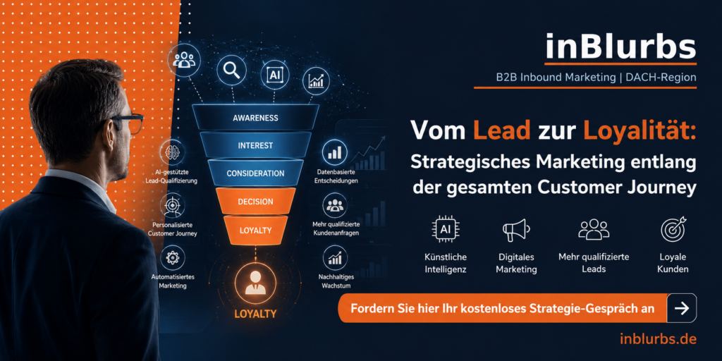 Customer Journey Optimierung, digitale Marketing Strategie, B2B Lead Generierung, Lead Nurturing Prozess, Conversion Rate Optimierung, Inbound Marketing Konzept, Content Marketing Strategie, Marketing Automation System, Online Kunden gewinnen, nachhaltige Kundenbindung steigern, inblurbs inbound marketing