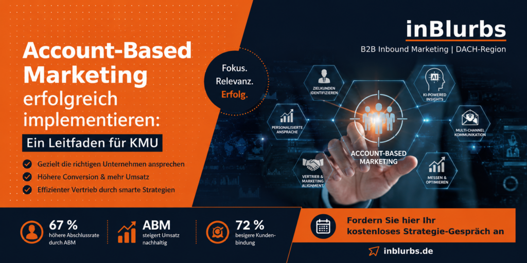 Account Based Marketing, Zielkunden Analyse durchführen, Vertrieb Marketing Abstimmung, hochwertige B2B Inhalte, datengetriebenes Marketing erfolgreich, strategisches Inbound Marketing, nachhaltige Online Sichtbarkeit, erfolgreiche Content Strategie, qualifizierte Kundenanfragen generieren, personalisierte B2B Kampagnen, inblurbs inbound marketing 