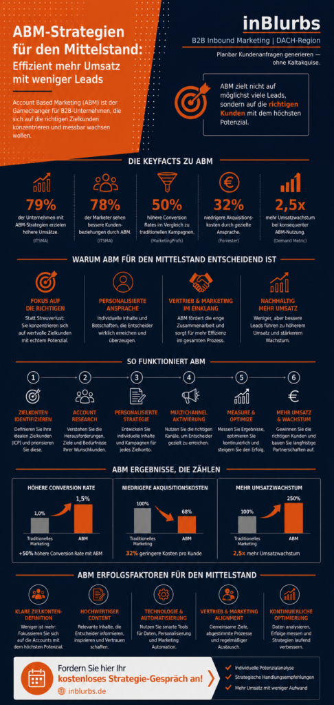 infografik Account Based Marketing, B2B Marketing Strategien, digitale Vertriebsprozesse Mittelstand, personalisierte B2B Kampagnen, Leadgenerierung B2B Unternehmen, Vertrieb Marketing Alignment, B2B Zielkunden Analyse, Customer Journey Optimierung, Content Marketing B2B, datengetriebenes Marketing Mittelstand, inblurbs inbound marketing