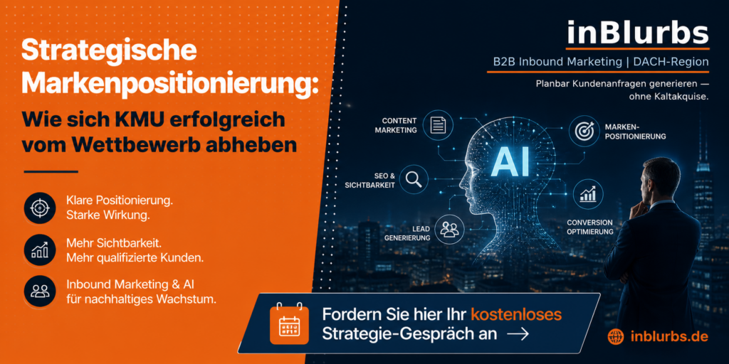 strategische Markenpositionierung KMU, erfolgreiche Markenstrategie entwickeln, klare Zielgruppen Definition B2B, nachhaltige Wettbewerb Differenzierung, effektive Leadgenerierung B2B, datengetriebenes Marketing Konzept, Conversion Rate Optimierung Strategie, Inbound Marketing Strategie, digitale Markenpositionierung KMU, B2B Kunden gewinnen