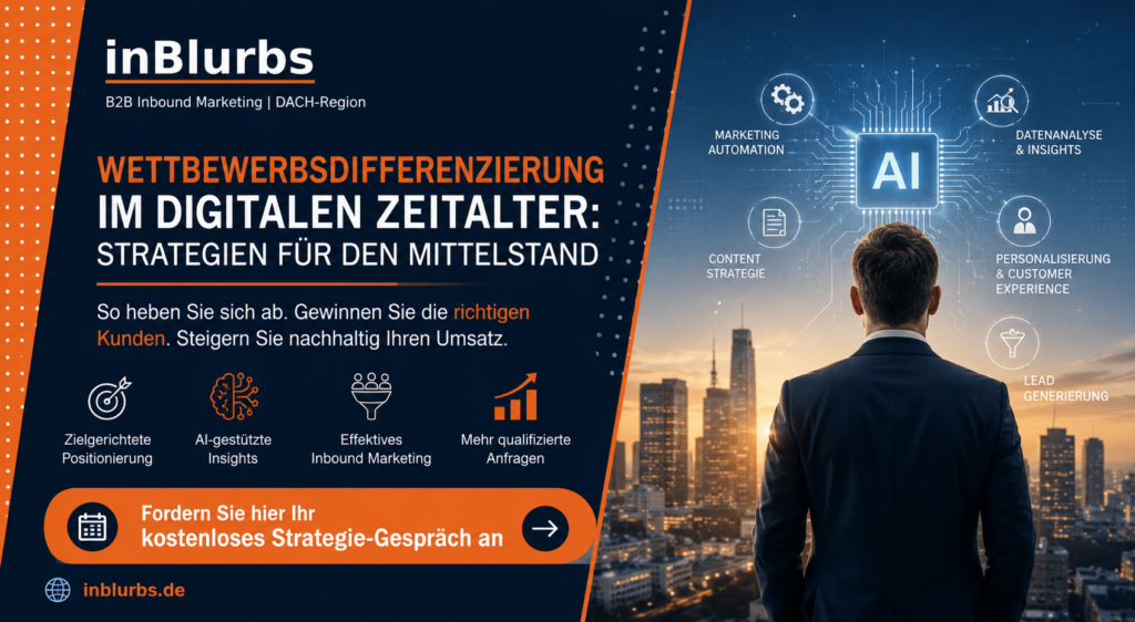 Digitale Transformation Mittelstand, Markenpositionierung Unternehmen stärken, Content Marketing Strategien, Kundenerlebnis optimieren B2B, Datengetriebenes Marketing B2B, Online Sichtbarkeit erhöhen, Automatisierung Vertrieb Prozesse, Wettbewerbsanalyse digitale Märkte, Strategische Kundenbindung langfristig, Nachhaltige Unternehmensstrategie entwickeln, inblurbs inbound marketing 