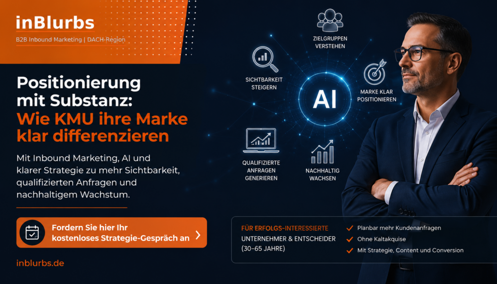 Digitale Marken Positionierung, Strategische B2B Positionierung, Nachhaltige Marken Differenzierung, Erfolgreiche Unternehmens Positionierung, Inbound Marketing Strategie, Klare Marken Kommunikation, Starke Online Sichtbarkeit, Zielgerichtete Content Strategie, Datengetriebene Lead Generierung, Effektive Kundenanfragen Generierung, inblurbs inbound marketing