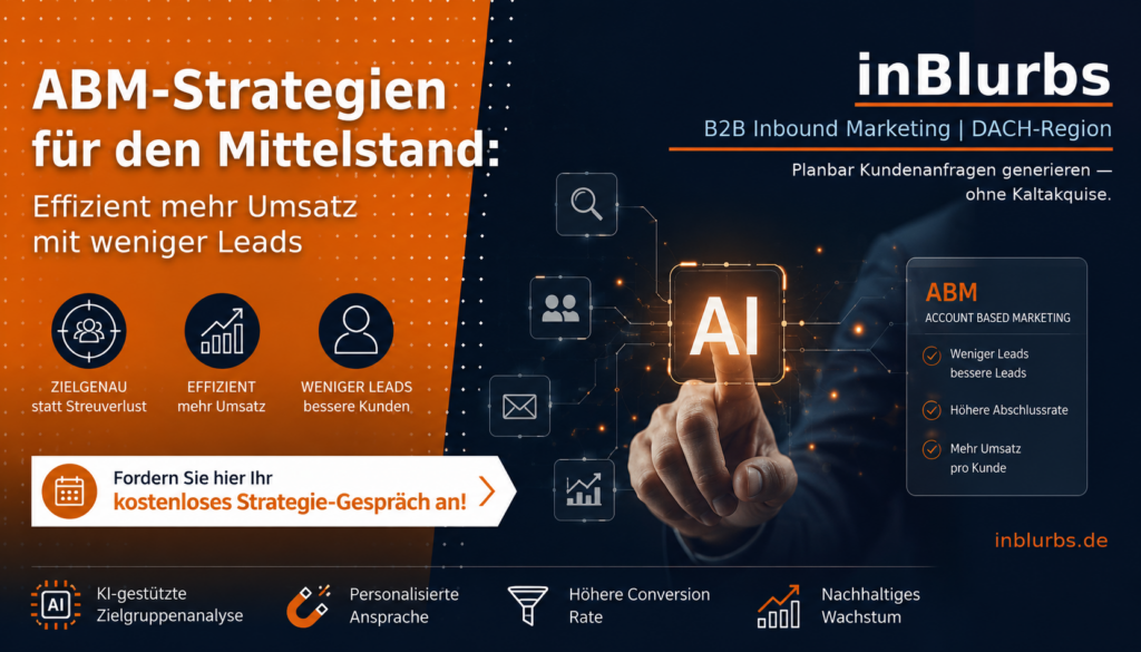 Account Based Marketing, B2B Marketing Strategien, digitale Vertriebsprozesse Mittelstand, personalisierte B2B Kampagnen, Leadgenerierung B2B Unternehmen, Vertrieb Marketing Alignment, B2B Zielkunden Analyse, Customer Journey Optimierung, Content Marketing B2B, datengetriebenes Marketing Mittelstand, inblurbs inbound marketing
