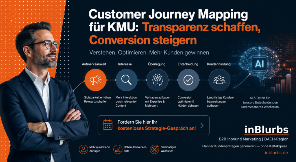 Customer Journey Mapping, Conversion Rate steigern, B2B Kunden gewinnen, Inbound Marketing Strategie, qualifizierte Leads generieren, digitale Kundenreise optimieren, Kundenbindung langfristig verbessern, Leadgenerierung B2B Unternehmen, digitale Vertrieb Prozesse, Content Marketing Automation, inblurbs inbound marketing 