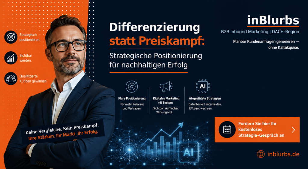 strategische Marken Positionierung, nachhaltige Kundenbindung Strategie, digitale Marken Strategie, B2B Content Marketing Strategie, qualifizierte Leads generieren, langfristige Wettbewerbs Vorteile, erfolgreiche Markt Positionierung, digitale Sichtbarkeit erhöhen, strategische Unternehmens Positionierung, Inbound Marketing Strategie, inblurbs inbound marketing