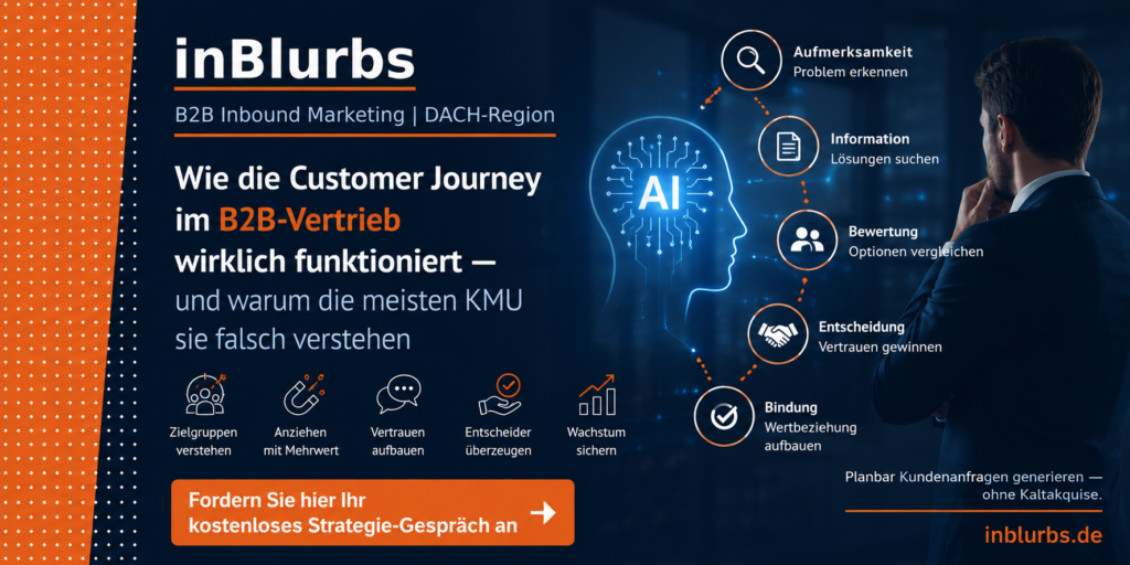 B2B Customer Journey, digitale Customer Journey, Inbound Marketing Strategie, Content Marketing B2B, Leadgenerierung B2B Unternehmen, Vertriebsstrategie für KMU, Customer Experience B2B, Marketing Vertrieb Alignment, datengetriebene Vertriebsoptimierung, Kaufentscheidung im B2B, inblurbs inbound marketing
