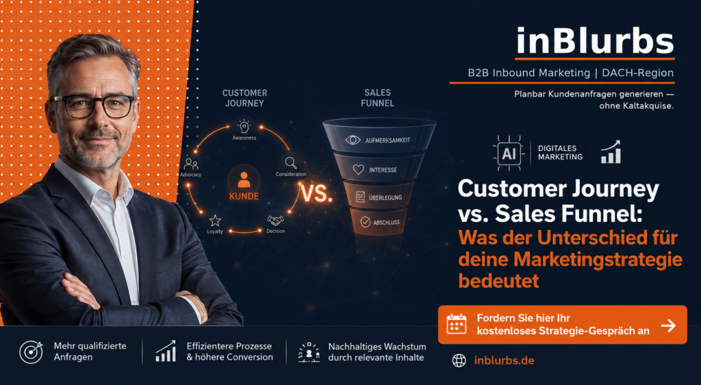 digitale Customer Journey, Sales Funnel Optimierung, B2B Lead Generierung, Marketing Funnel Strategie, Inbound Marketing Strategie, Kundenreise Marketing Strategie, Customer Journey Analyse, Lead Conversion Prozess, Vertrieb Marketing Alignment, Conversion Rate Optimierung, inblurbs inbound marketing