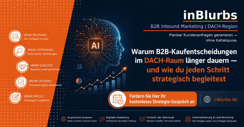 B2B Kaufentscheidungen DACH, Customer Journey B2B, Inbound Marketing Strategie, digitale Kaufprozesse optimieren, Vertrauensbildung im Vertrieb, Lead Nurturing Strategie, B2B Vertriebsprozess optimieren, Content Marketing Funnel, LinkedIn Marketing B2B, datengetriebene Leadgenerierung, inblurbs inbound marketing