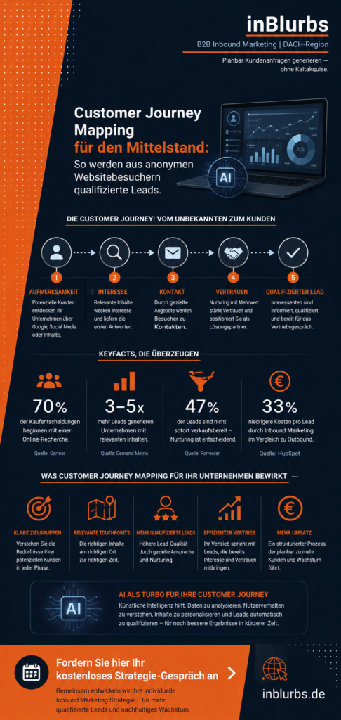 infografik customer journey mapping, digitale kundenreise optimieren, b2b lead generierung, qualifizierte leads gewinnen, conversion rate optimierung, lead nurturing strategie, marketing automation mittelstand, vertriebsprozess digitalisieren, website besucher analysieren, customer experience verbessern, inblurbs inbound marketing