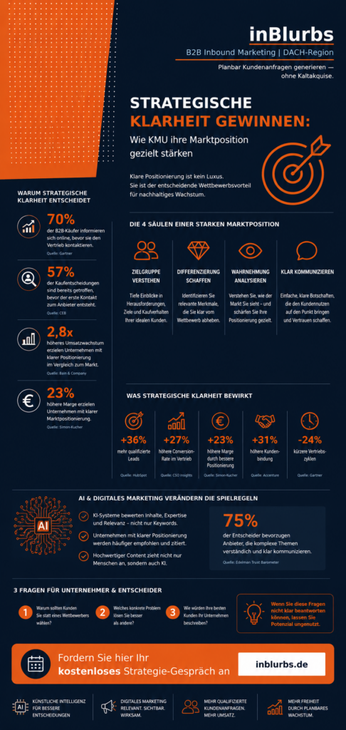 infografik strategische Marktposition stärken, digitale Wettbewerbsfähigkeit steigern, nachhaltige Marktposition entwickeln, zielgerichtete Unternehmensstrategie entwickeln, wettbewerbsvorteile gezielt ausbauen, markenpositionierung erfolgreich optimieren, kundenorientierte Wachstumsstrategie umsetzen, langfristige Wettbewerbsvorteile sichern, datenbasierte Marktanalyse nutzen, erfolgreiche Unternehmenspositionierung für KMU, inblurbs inbound marketing